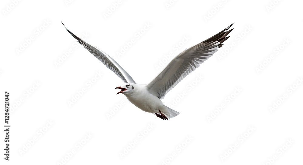 Seagull Flying with Open Wings and Beak on White Background Seagull Flying with Open Wings and Beak on White Background