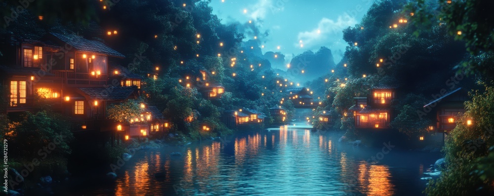 Enchanting nightscape with lanterns reflecting on serene river amidst lush greenery Enchanting nightscape with lanterns reflecting on serene river amidst lush greenery