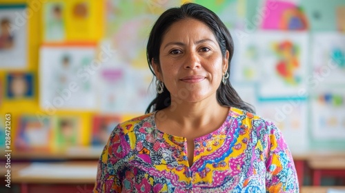 This vibrant portrait features a Hispanic woman in her late forties, dressed in colorful attire, standing confidently in a classroom filled with art.