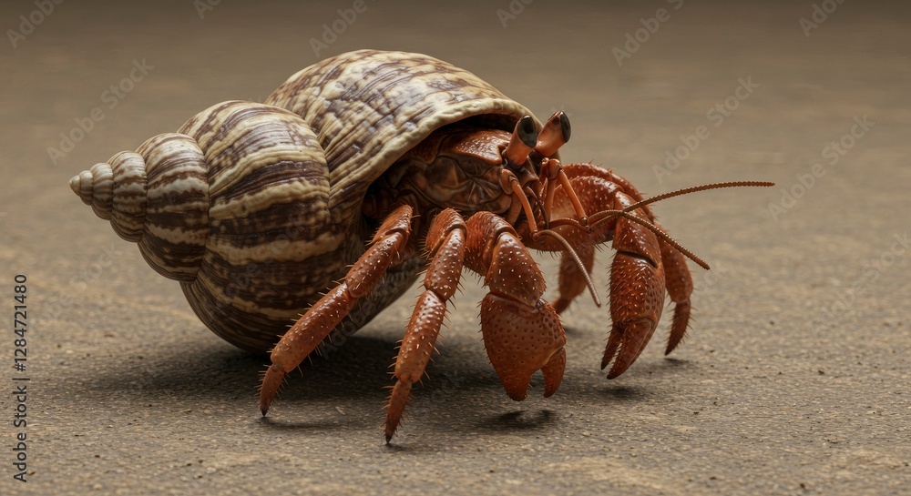 Hermit Crab Emerging From Shell on Sandy Surface Close Up View Hermit Crab Emerging From Shell on Sandy Surface Close Up View