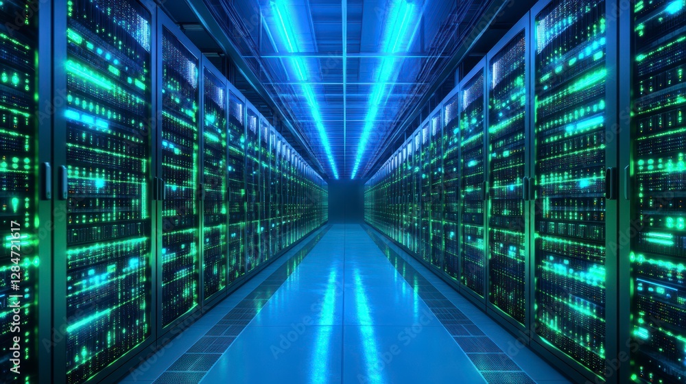 Fototapeta premium Server Room Interior, Blue and Green Light, Data Center, Future Tech, Virtual World