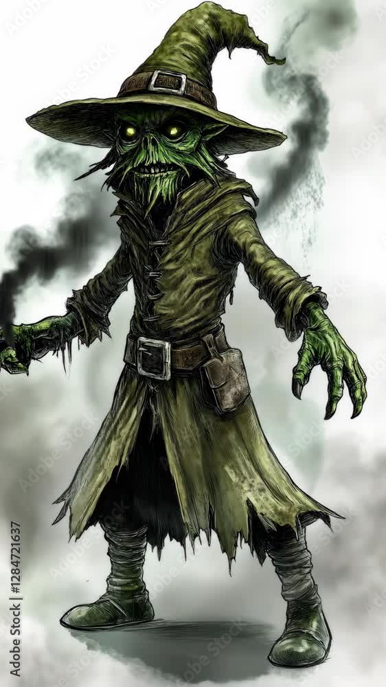Scarecrow with glowing eyes in a foggy landscape exuding a mysterious aura at dusk Scarecrow with glowing eyes in a foggy landscape exuding a mysterious aura at dusk