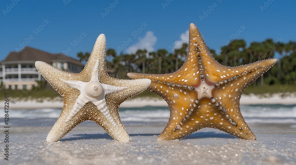 Two Starfish Resting on a Beach Near a Blue Sky Two Starfish Resting on a Beach Near a Blue Sky