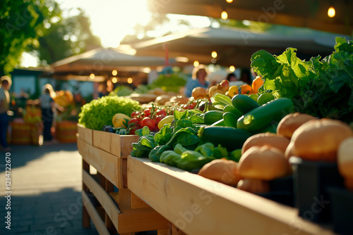 A market scene featuring farm-fresh vegetables and handmade bread. The natural, unprocessed foods reflect a commitment to environmental consciousness.