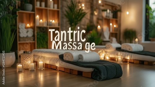 Warmly lit room prepared for tantric massage, creating a relaxing and sensual atmosphere
