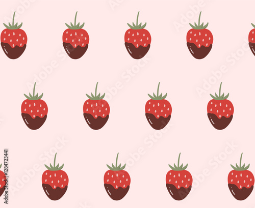 Pattern with chocolate covered strawberries and a bow. Cute vector background with strawberries and a pink ribbon bow. Delicate print with dessert is suitable for printing on paper, packaging, wallpap