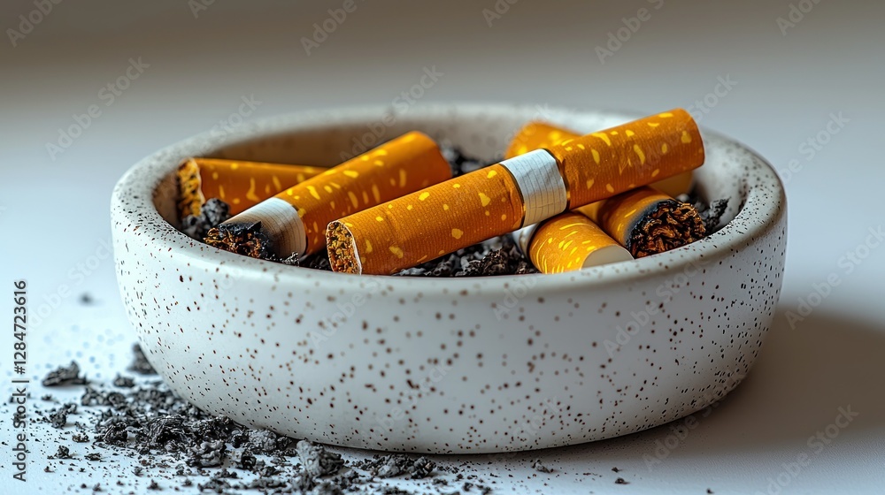 Used cigarettes in an ashtray, close-up, with ash scattered Used cigarettes in an ashtray, close-up, with ash scattered