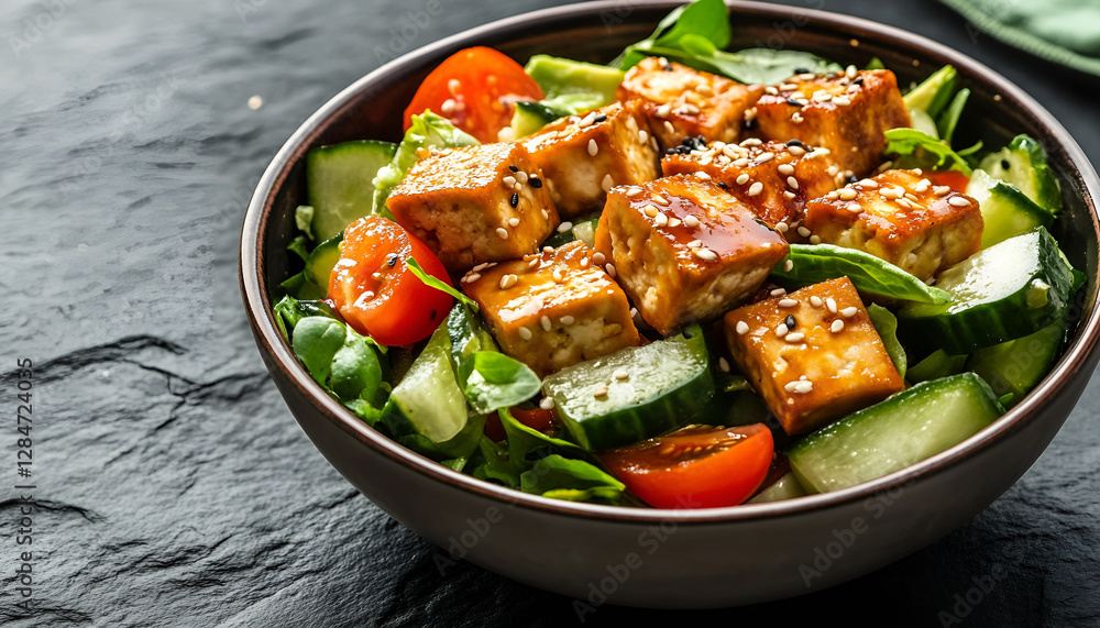 Fried Tofu Salad with Cucumbers, Tomatoes, Avocado and Sesame Seeds. Homemade asian vegetable and tofu salad in ceramic bowl on black stone background. Healthy asian diet vegan vegetarian salad food Fried Tofu Salad with Cucumbers, Tomatoes, Avocado and Sesame Seeds. Homemade asian vegetable and tofu salad in ceramic bowl on black stone background. Healthy asian diet vegan vegetarian salad food