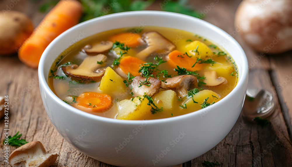 Homemade hot soup in white craft bowl with fresh wild mushrooms, potatoes, carrots and onion on brown autumn background. Boletus Edulis, chanterelles, orange cap boletus Homemade hot soup in white craft bowl with fresh wild mushrooms, potatoes, carrots and onion on brown autumn background. Boletus Edulis, chanterelles, orange cap boletus
