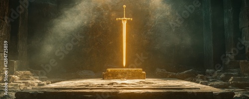 Ancient glowing sword floating amidst ruins in mysterious stone chamber