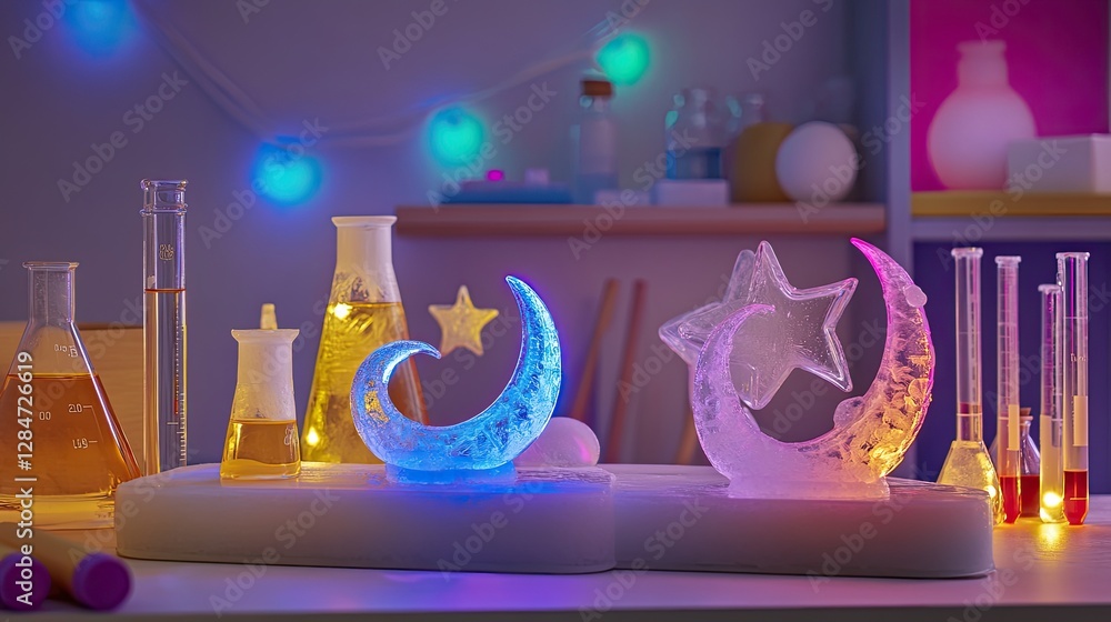 A Ramadan science corner where children experiment with crescent and star-shaped ice molds melting under colorful lights