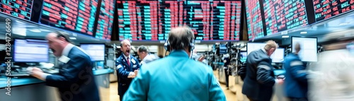A stock exchange floor in chaos, traders panicking over crashing stocks