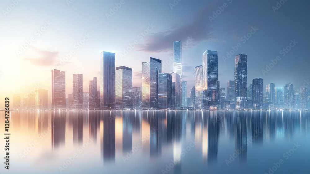 Fototapeta premium Futuristic Glow: Illuminated Skyline Reflected in a Digital Horizon