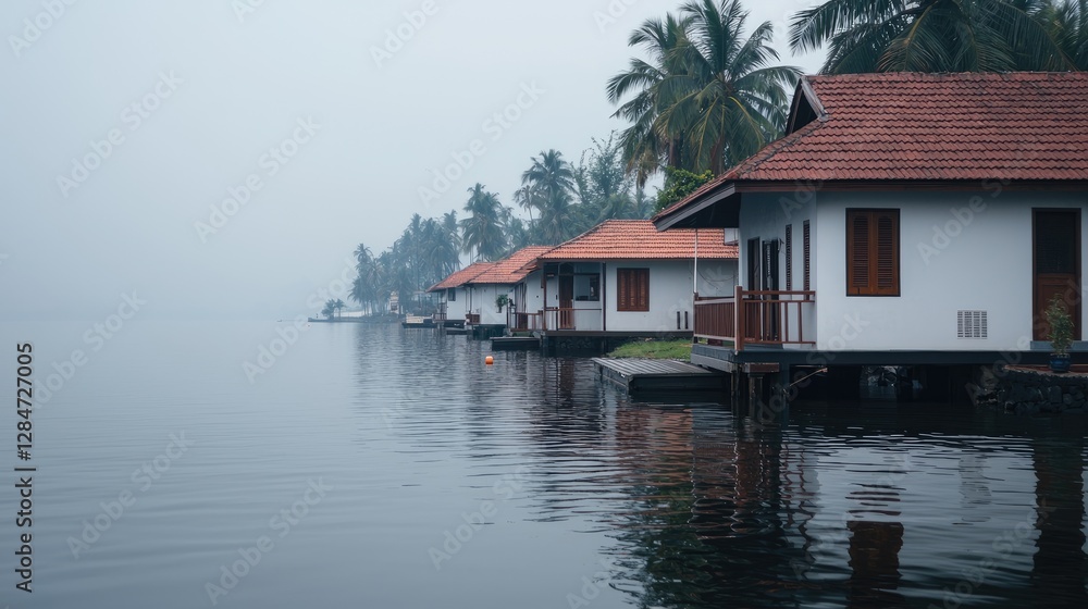 Misty Lagoon Houses; Calm Waterside Cabins; Tranquil Scenery; Tourist Destination; Peaceful Vacation Spot