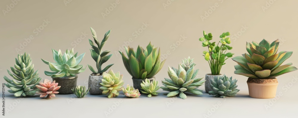 Diverse collection of succulent plants in various pots arranged on a surface Diverse collection of succulent plants in various pots arranged on a surface