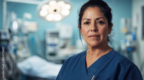 This portrait features a middle-aged Hispanic woman in a nursing uniform, showcasing her professionalism and dedication to healthcare in a hospital setting.