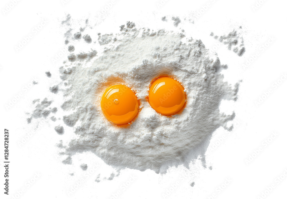 Raw Egg Yolks on Flour | Baking Ingredients, Fresh Dough Preparation, Cooking Essentials Raw Egg Yolks on Flour | Baking Ingredients, Fresh Dough Preparation, Cooking Essentials