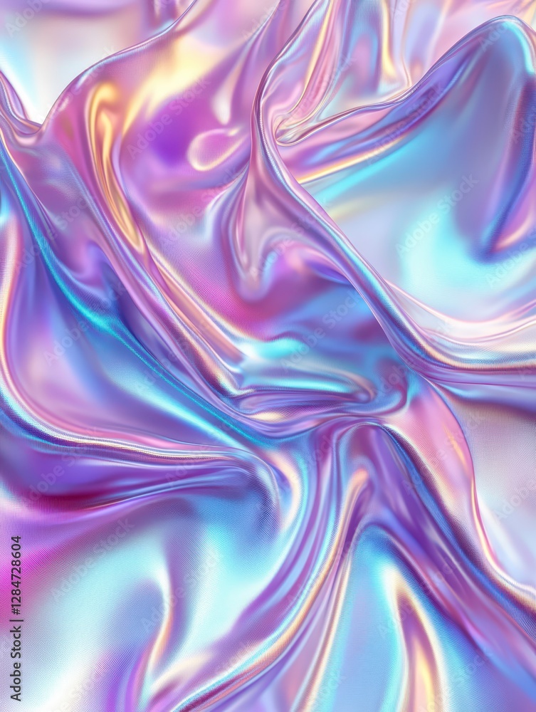 Obraz premium Holographic silk-like fabric with metallic reflections, flowing abstract waves, soft pastel shades of lavender and turquoise, futuristic aesthetic, ultra HD, photorealistic shine