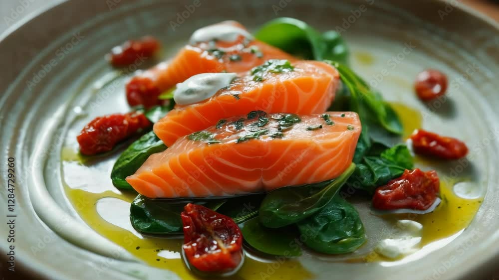Fresh salmon fillet with spinach, sun-dried tomatoes, and herb sauce
Fresh salmon fillet with spinach, sun-dried tomatoes, and herb sauce