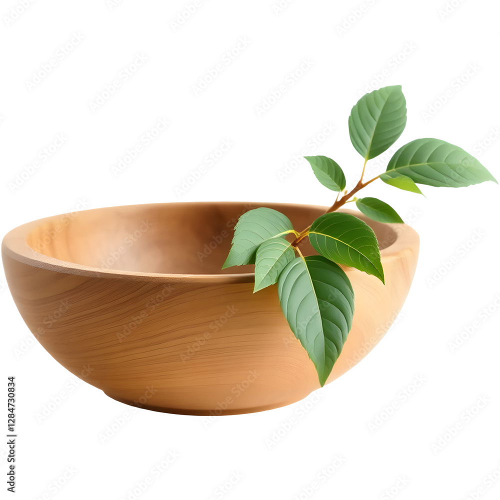 A wooden bowl with a branch of green leaves elegantly resting on its rim. Isolated on transparent white background. A wooden bowl with a branch of green leaves elegantly resting on its rim. Isolated on transparent white background.