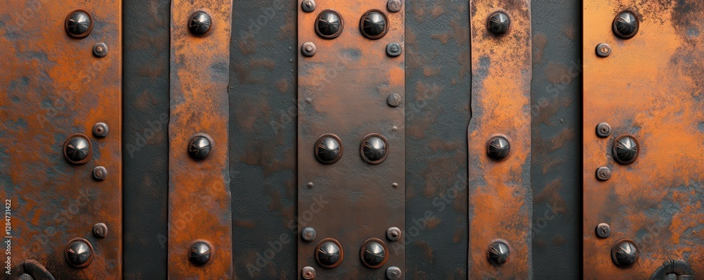 Fototapeta premium Rustic iron panels with rivets forming a patterned textured industrial background