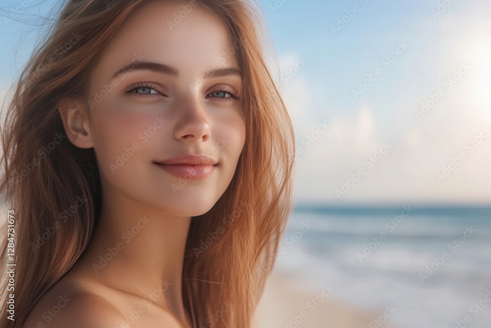 A young woman with long hair smiling softly against a beach background. A young woman with long hair smiling softly against a beach background.