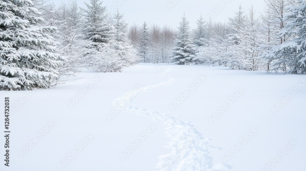 Obraz premium Snowy winter forest path, pristine snow, nature scene