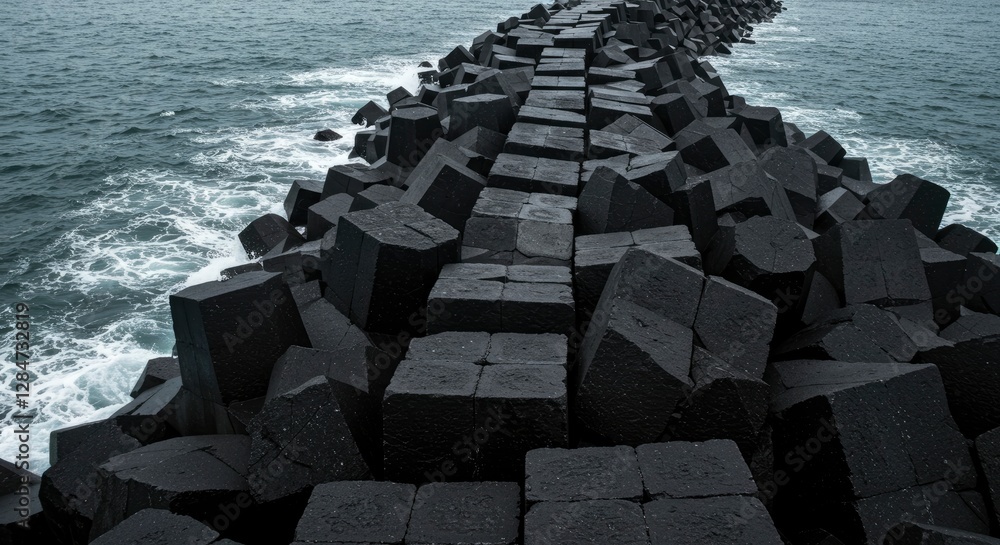 Dark Blocks Forming a Breakwater with Ocean Waves Crashing Nearby Dark Blocks Forming a Breakwater with Ocean Waves Crashing Nearby