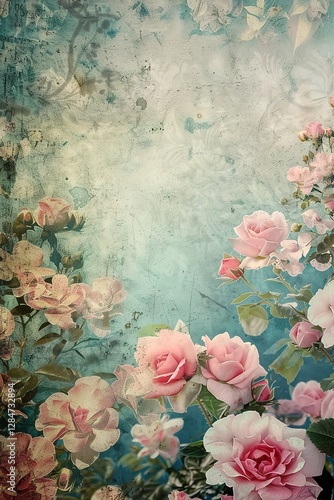 A vintage floral design featuring soft pink roses against a textured blue background, creating a serene and romantic atmosphere.
