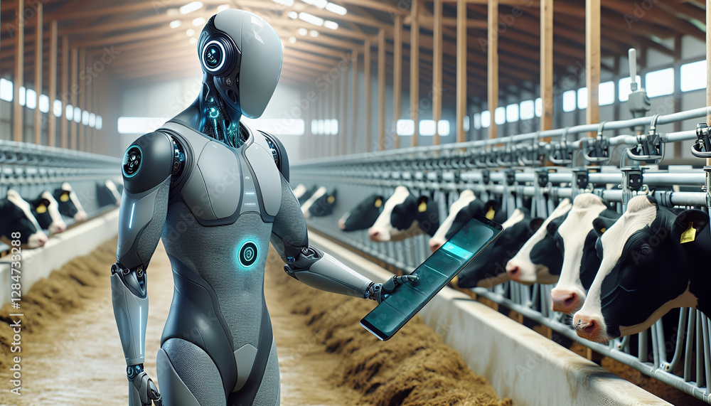 A futuristic robot oversees a group of dairy cows in a high-tech barn, showcasing innovation in modern agriculture.
A futuristic robot oversees a group of dairy cows in a high-tech barn, showcasing innovation in modern agriculture.