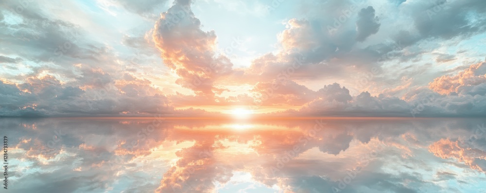 Obraz premium Serene sunset over calm ocean with reflective cloudscape