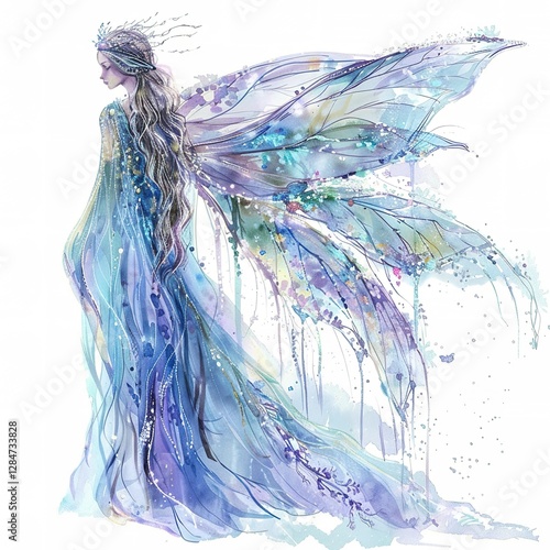A mystical fairy in flowing blue and purple attire, adorned with delicate wings, embodies enchantment and grace in an artistic watercolor style.