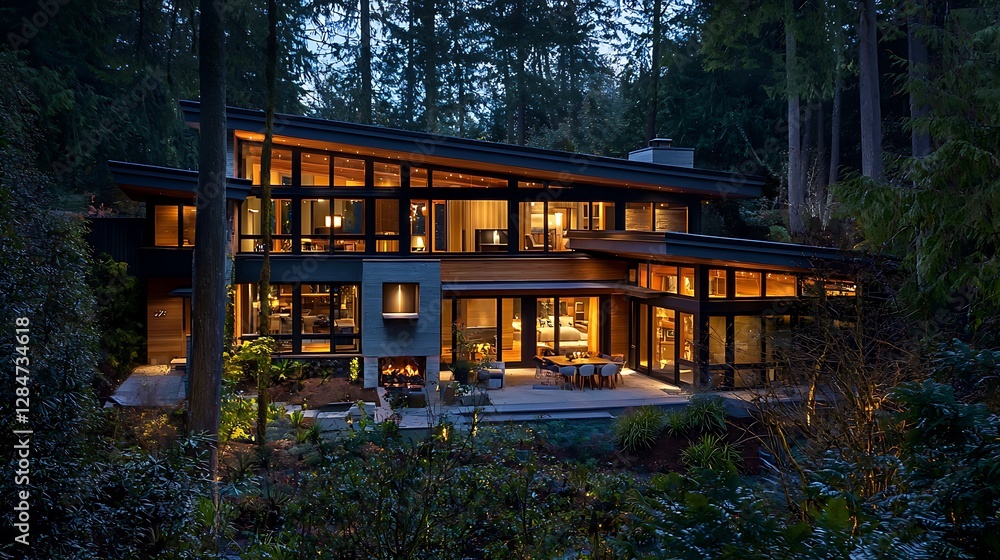 Obraz premium Cozy modern home nestled in nature, illuminated with soft lighting to create a tranquil ambiance.