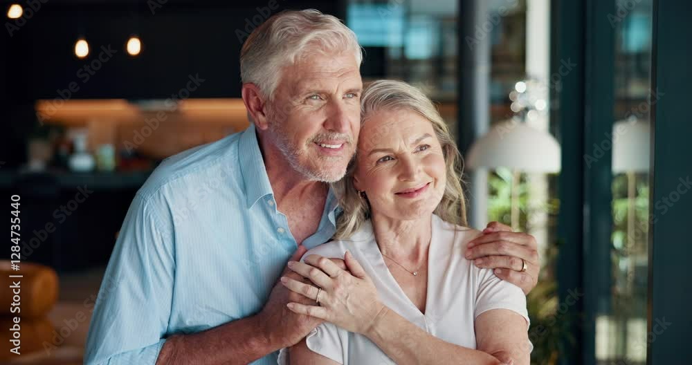 Window, mature man and hug for woman, smile and couple with memory of anniversary, remember and home. Bonding, care and people with nostalgia in house, happy and conversation for view in apartment Window, mature man and hug for woman, smile and couple with memory of anniversary, remember and home. Bonding, care and people with nostalgia in house, happy and conversation for view in apartment
