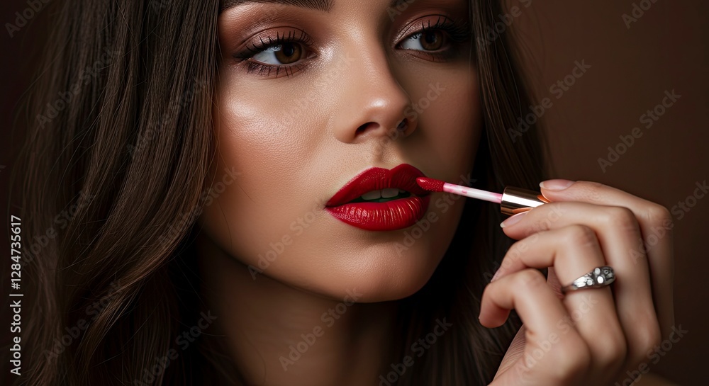Woman Applying Red Lipstick for Beauty and Makeup Product Promotion Woman Applying Red Lipstick for Beauty and Makeup Product Promotion