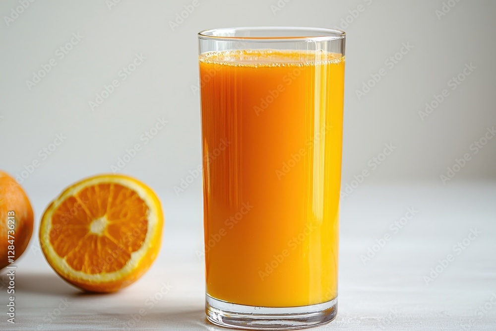 A refreshing glass of fresh orange juice with sliced oranges, showcasing vibrant color and healthy lifestyle, set on a clean, white background. A refreshing glass of fresh orange juice with sliced oranges, showcasing vibrant color and healthy lifestyle, set on a clean, white background.