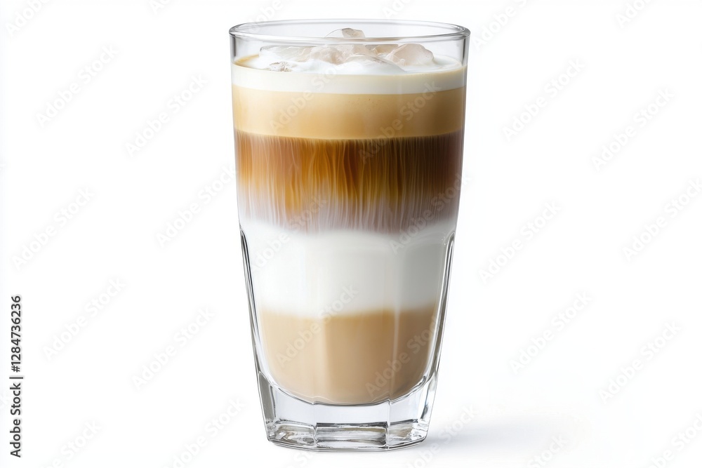 A refreshing iced layered coffee drink with milk, espresso and ice cubes in a tall glass, isolated on a white background presenting a modern beverage. A refreshing iced layered coffee drink with milk, espresso and ice cubes in a tall glass, isolated on a white background presenting a modern beverage.
