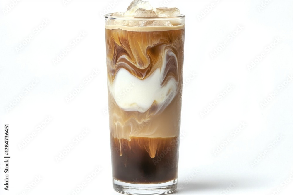 Iced latte with swirls of cream in a tall glass against a crisp white backdrop, highlighting the drink's smooth texture and refreshing look. Iced latte with swirls of cream in a tall glass against a crisp white backdrop, highlighting the drink's smooth texture and refreshing look.
