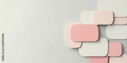 This artwork features abstract layered shapes presented in soft, muted colors that captivate