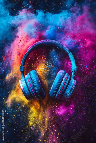 Creative concept with headphones and vibrant color powder, celebrating music and festivals.