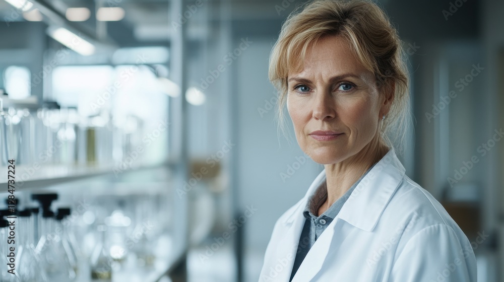 Fototapeta premium A middle-aged European female scientist stands in a laboratory. She exudes professionalism and focus, highlighting her dedication to research and innovation in science.