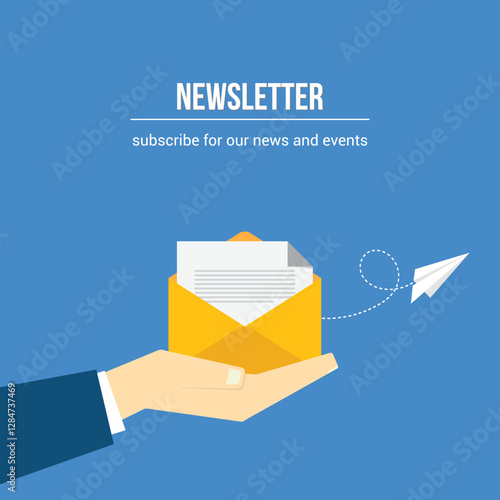 Newsletter. vector illustration of email marketing. subscription to newsletter, news, offers, promotions. a letter and envelope. subscribe, submit. send by mail.	