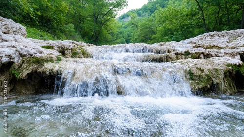 Rocky Waterfall Cascading Through Lush Forest