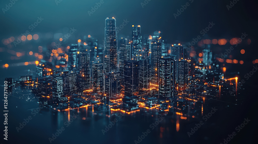 Obraz premium Futuristic city skyline showcasing skyscrapers made of data streams and digital graphs representing big data and analytics in vibrant detail