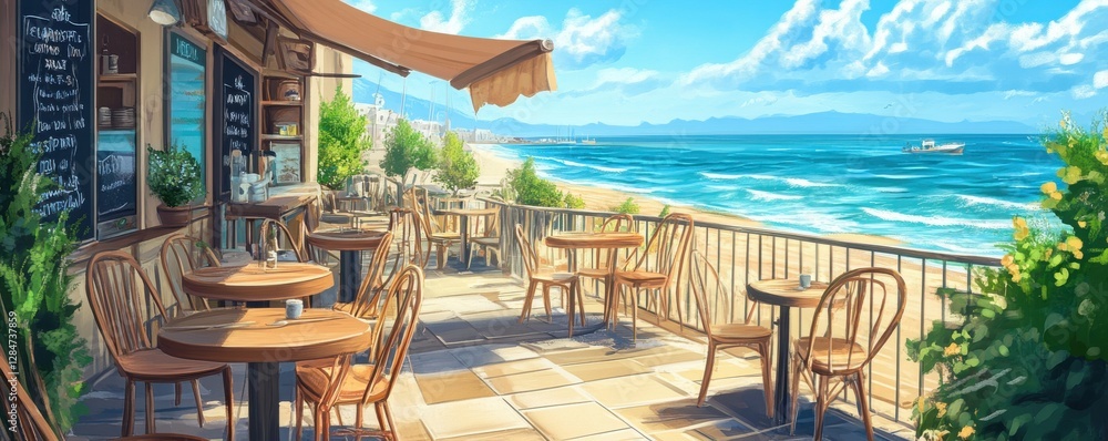 Fototapeta premium Cozy beachfront cafe with scenic ocean view and sunny outdoor seating