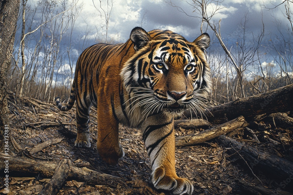 Fototapeta premium A powerful Bengal tiger confidently strides through a leaf-strewn forest, its vibrant orange and black stripes stand out against the earthy background and cloudy sky.