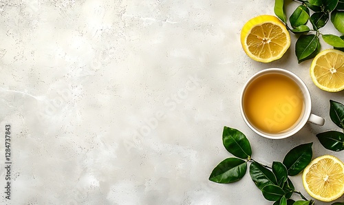 Cup of tea with fresh lemons and leaves on white concrete stone background. Hot healthy beverage. Immune defense, vitamin C. Top view.
