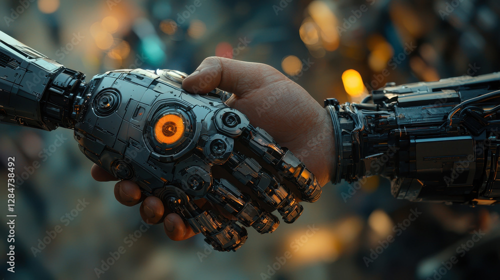Handshake symbolizes the collaboration between human innovation and robotic technology in a modern business environment Handshake symbolizes the collaboration between human innovation and robotic technology in a modern business environment