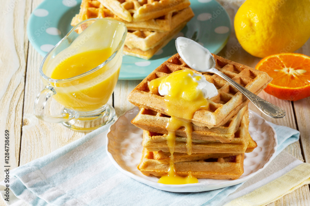 Belgian waffles with cream and lemon curd, served with tea.