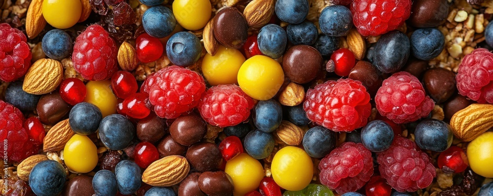 Colorful medley of berries, chocolate, and nuts with red raspberries and blueberries Colorful medley of berries, chocolate, and nuts with red raspberries and blueberries